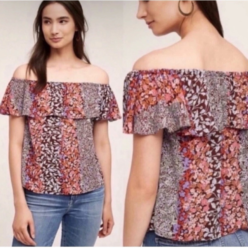 Anthropologie Maeve Boho Womens M Vallita Floral Off Shoulder Ruffle Top Summer